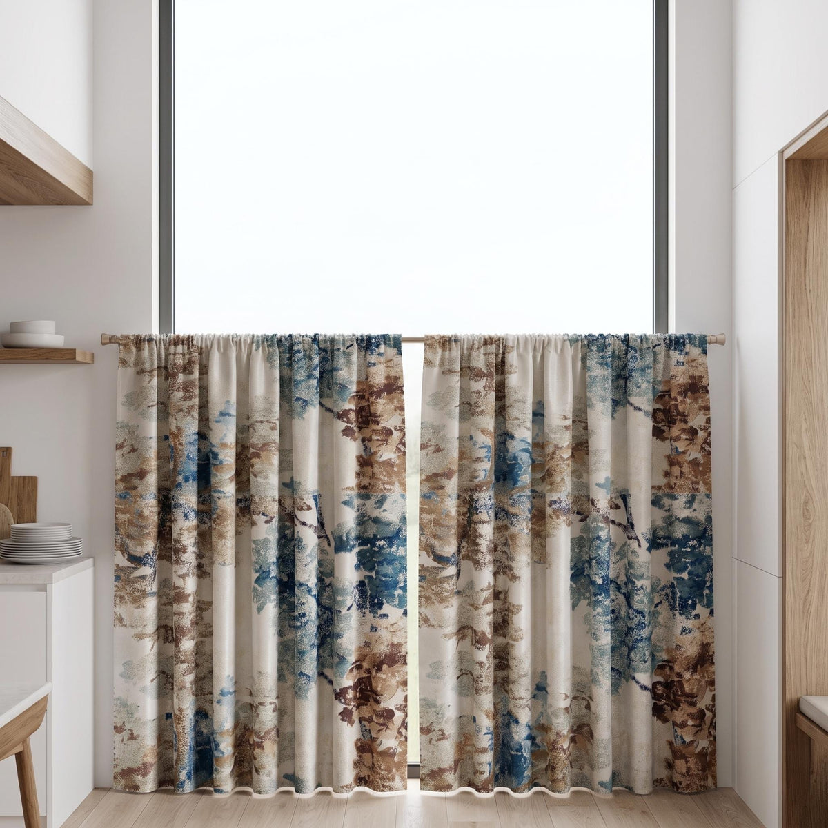 Ivory Teal Blue Silk Jacquard Curtains, Taupe Abstract Botanical Drapes, Custom Blackout or Light Filtering Panels — image 7