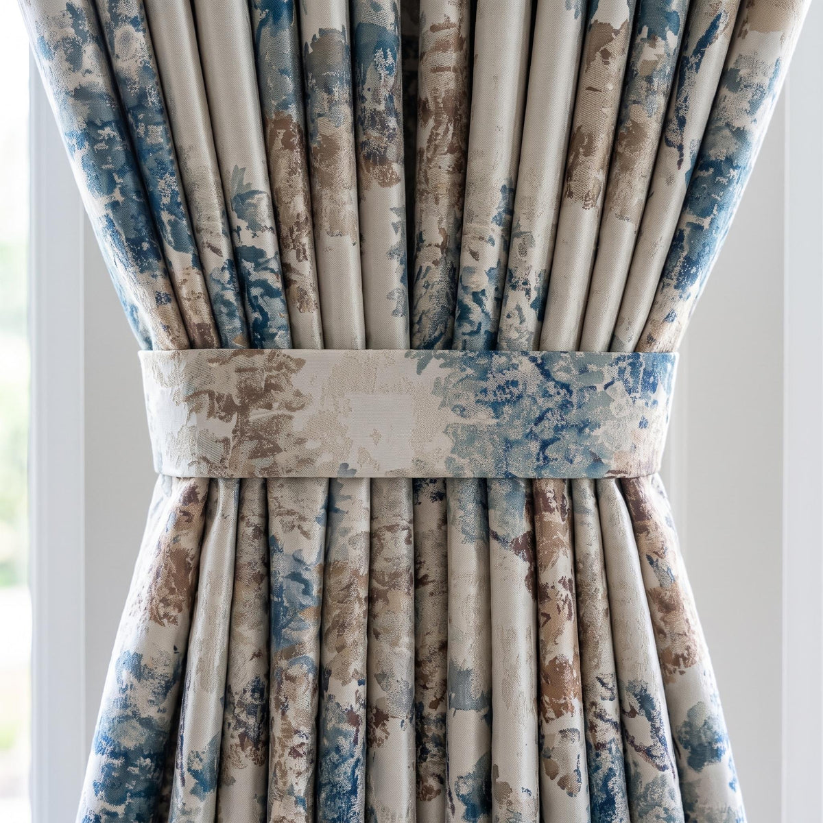 Ivory Teal Blue Silk Jacquard Curtains, Taupe Abstract Botanical Drapes, Custom Blackout or Light Filtering Panels — image 3
