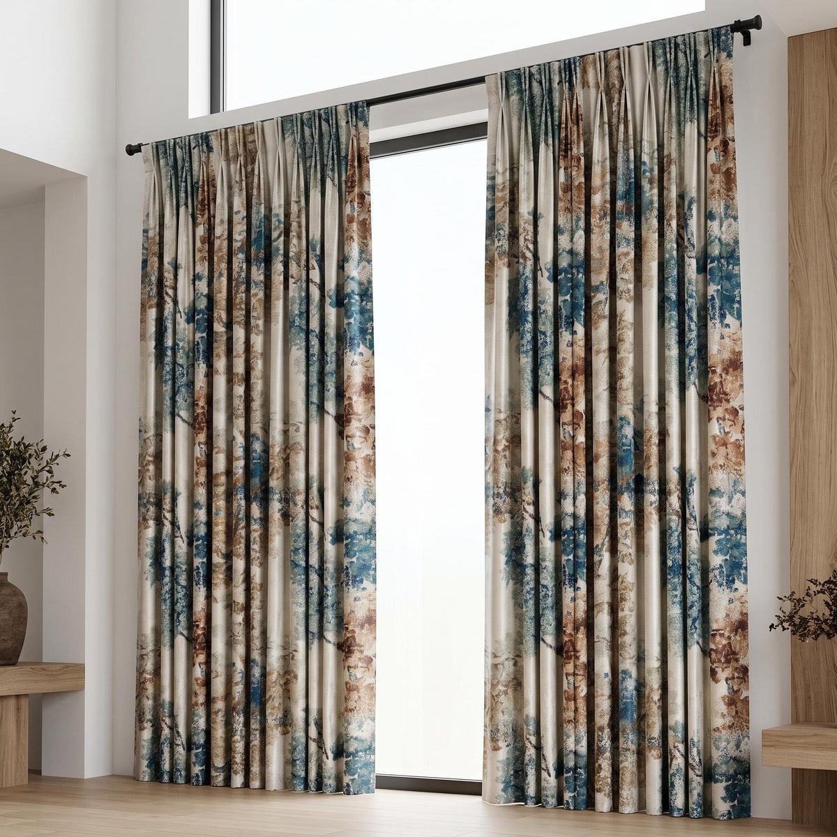 Ivory Teal Blue Silk Jacquard Curtains, Taupe Abstract Botanical Drapes, Custom Blackout or Light Filtering Panels — image 9