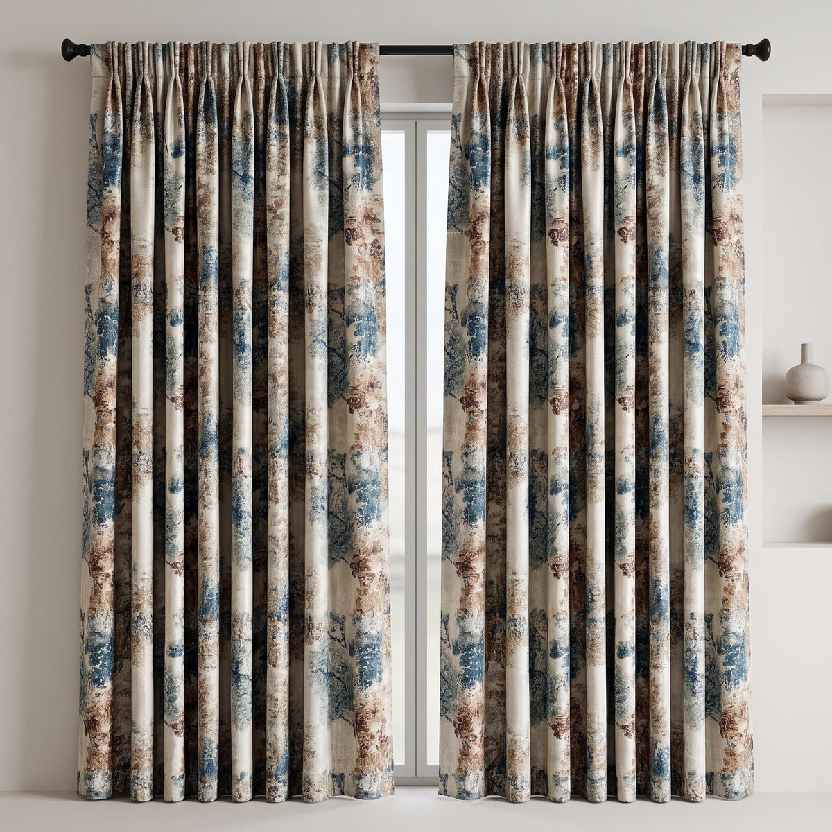 Ivory Teal Blue Silk Jacquard Curtains, Taupe Abstract Botanical Drapes, Custom Blackout or Light Filtering Panels — image 6