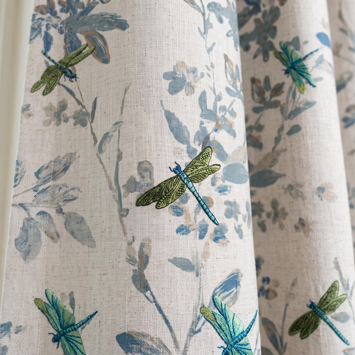Ivory Pure Linen Dragonfly Curtains, Teal Green Embroidery & Blue Botanical Print, Custom Blackout or Light Filtering Panels — image 8