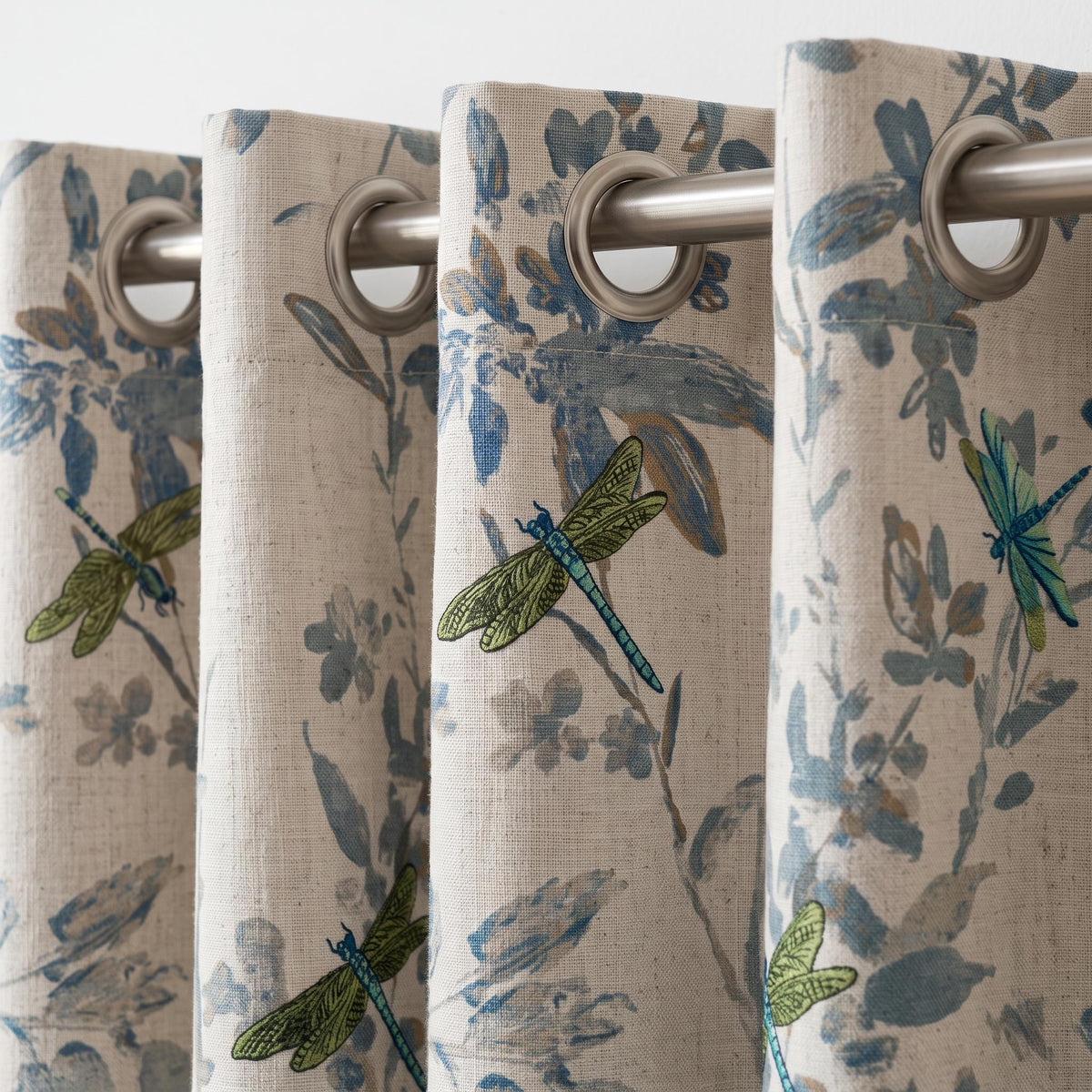 Ivory Pure Linen Dragonfly Curtains, Teal Green Embroidery & Blue Botanical Print, Custom Blackout or Light Filtering Panels — image 3