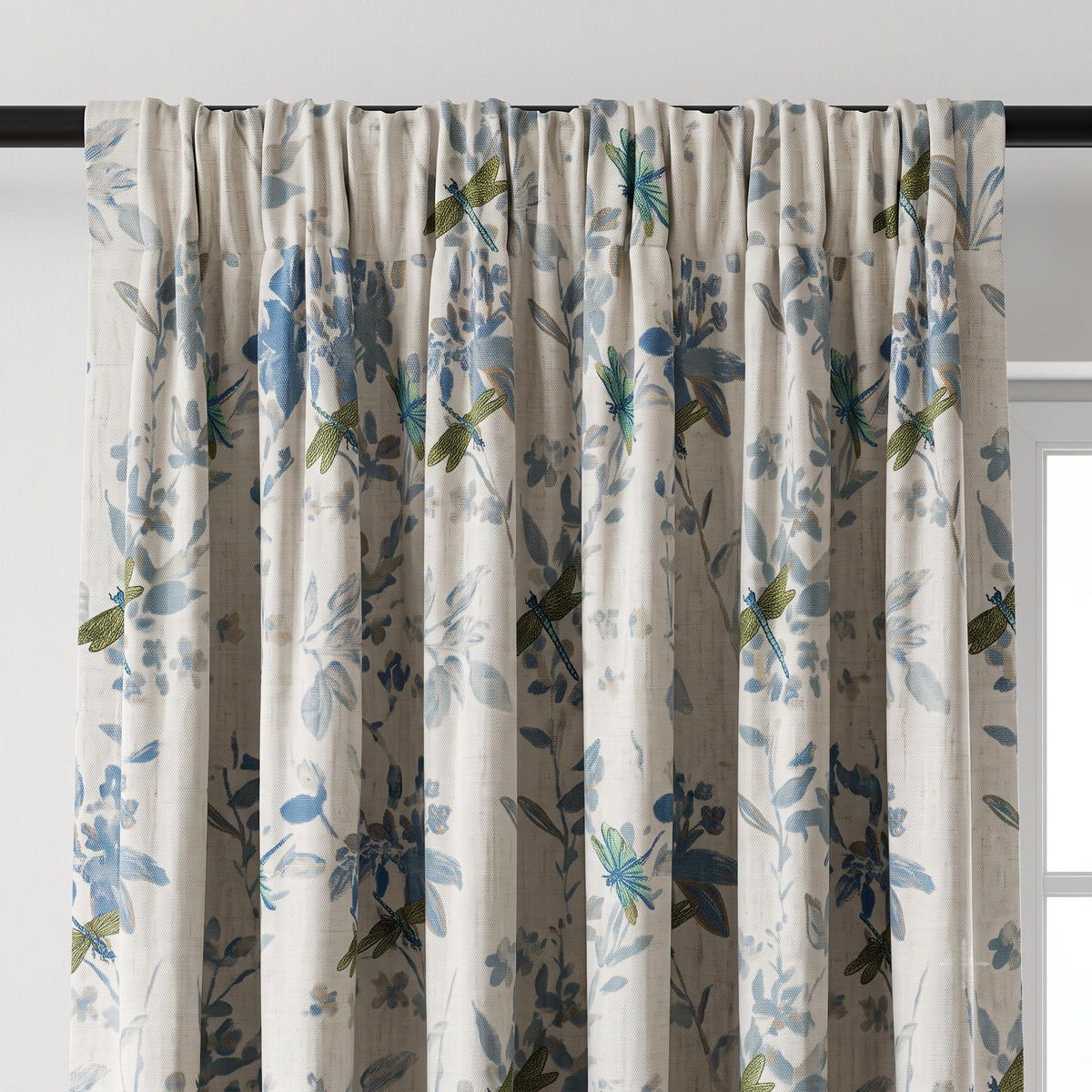 Ivory Pure Linen Dragonfly Curtains, Teal Green Embroidery & Blue Botanical Print, Custom Blackout or Light Filtering Panels — image 7