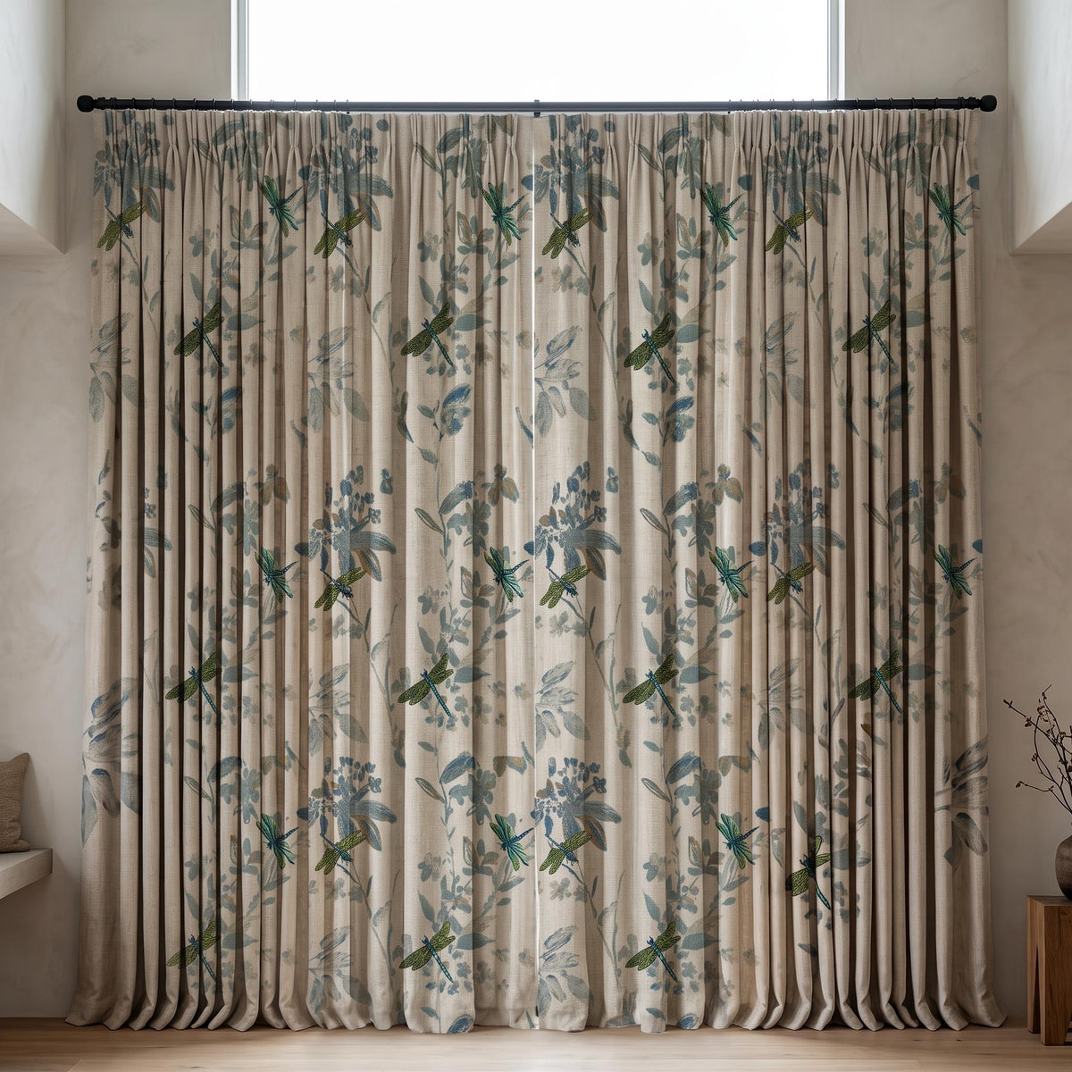 Ivory Pure Linen Dragonfly Curtains, Teal Green Embroidery & Blue Botanical Print, Custom Blackout or Light Filtering Panels — image 10