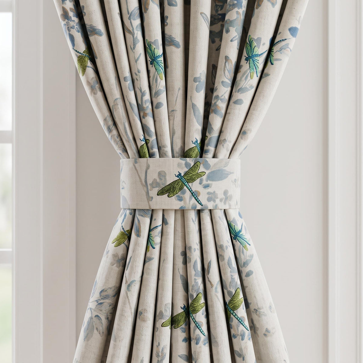 Ivory Pure Linen Dragonfly Curtains, Teal Green Embroidery & Blue Botanical Print, Custom Blackout or Light Filtering Panels — image 2