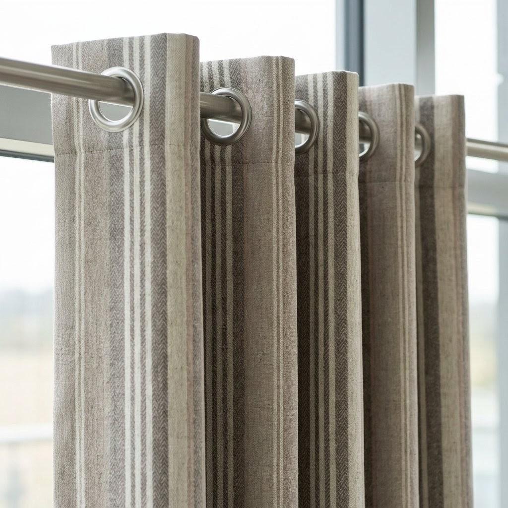 Taupe Beige Ivory Pure Linen Curtains, Printed Herringbone Ticking Stripe Farmhouse Drapes, Custom Blackout or Light Filtering Panels — image 3