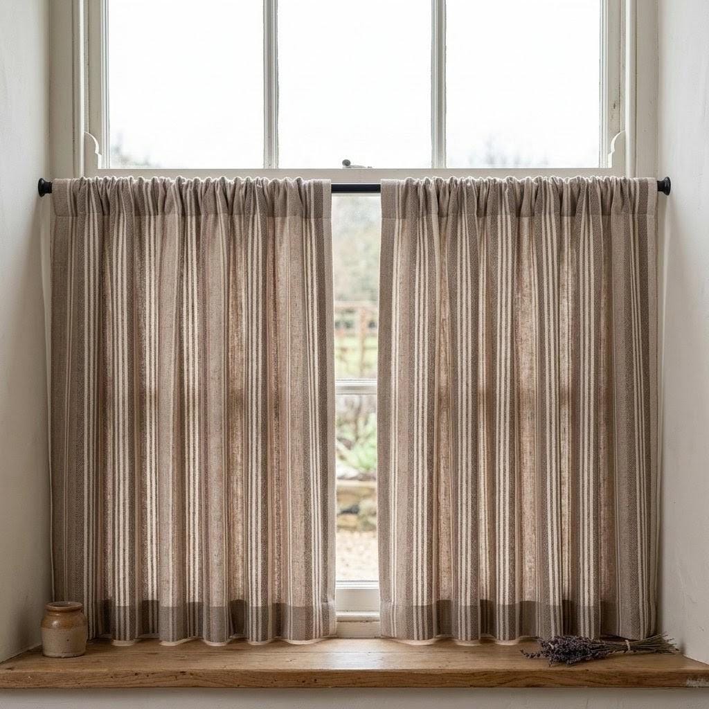 Taupe Beige Ivory Pure Linen Curtains, Printed Herringbone Ticking Stripe Farmhouse Drapes, Custom Blackout or Light Filtering Panels — image 8