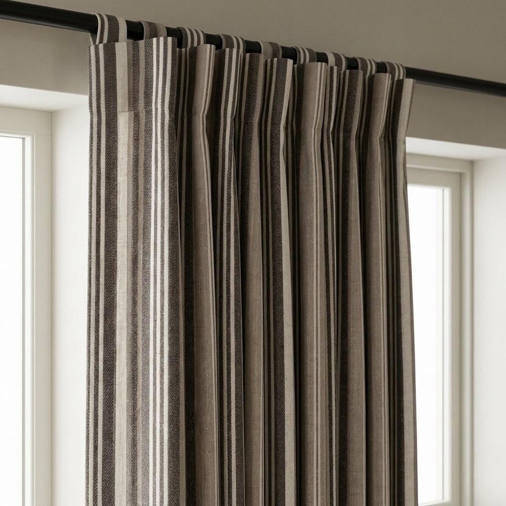 Charcoal Brown Taupe Pure Linen Curtains, Ivory Printed Herringbone Ticking Stripe Farmhouse Drapes, Custom Blackout or Light Filtering — image 8