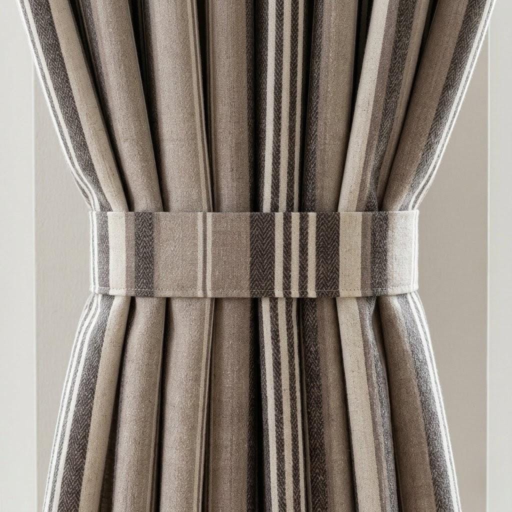 Charcoal Brown Taupe Pure Linen Curtains, Ivory Printed Herringbone Ticking Stripe Farmhouse Drapes, Custom Blackout or Light Filtering — image 1