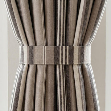 Charcoal Brown Taupe Pure Linen Curtains, Ivory Printed Herringbone Ticking Stripe Farmhouse Drapes, Custom Blackout or Light Filtering — image 1