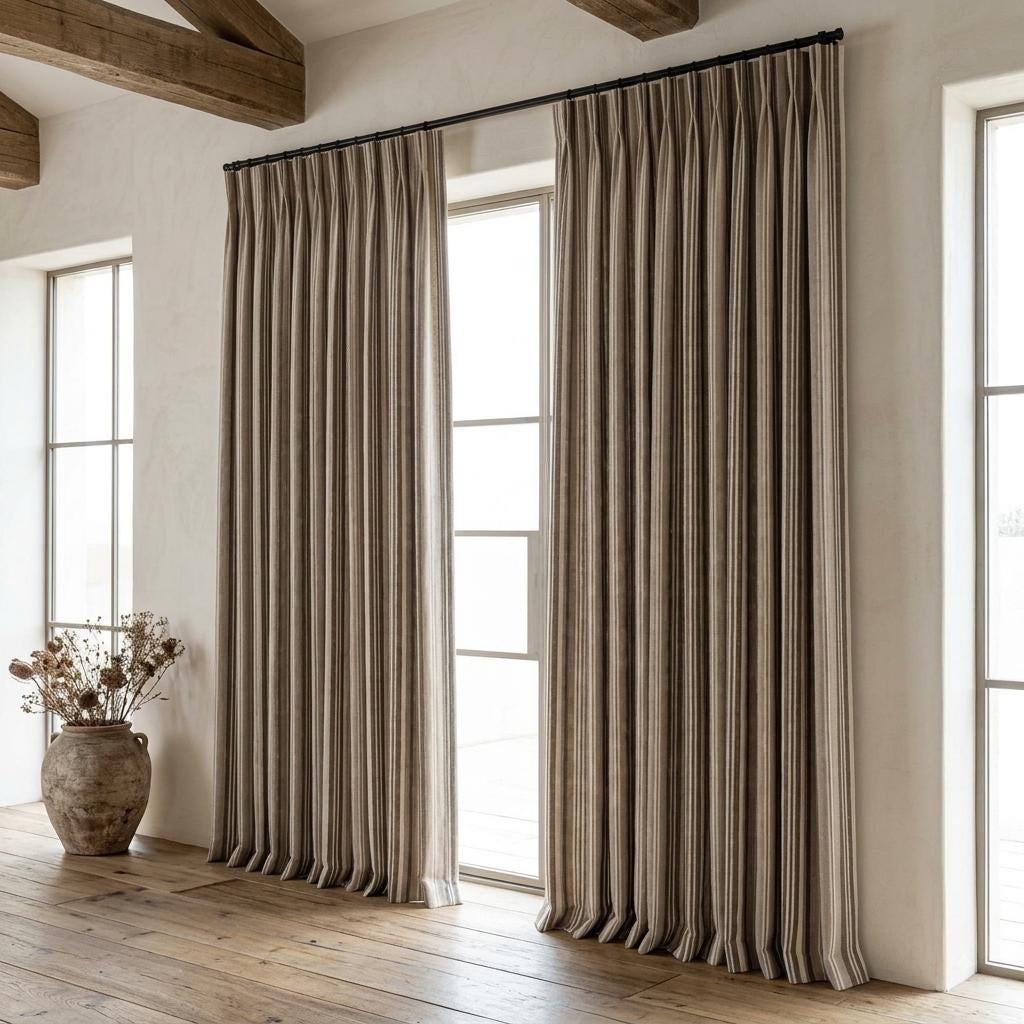 Charcoal Brown Taupe Pure Linen Curtains, Ivory Printed Herringbone Ticking Stripe Farmhouse Drapes, Custom Blackout or Light Filtering — image 6