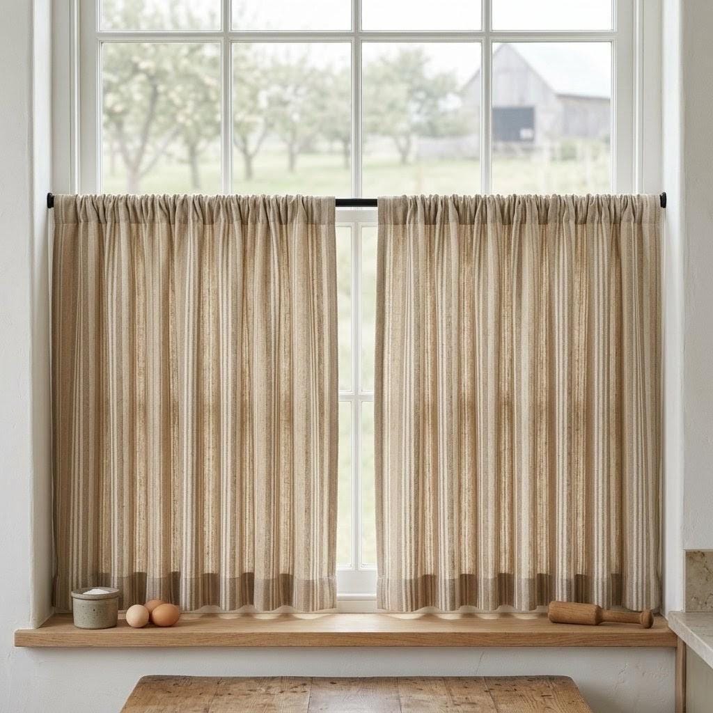Oatmeal Beige Pure Linen Curtains, Ivory Printed Herringbone Ticking Stripe Farmhouse Drapes, Custom Blackout or Light Filtering — image 8