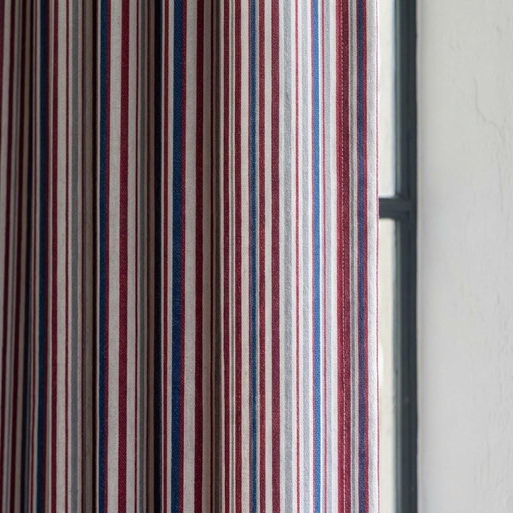 Red Navy Blue Grey & White Pure Linen Curtains, Printed Ticking Stripe Farmhouse Drapes, Custom Blackout or Light Filtering Panels — image 1