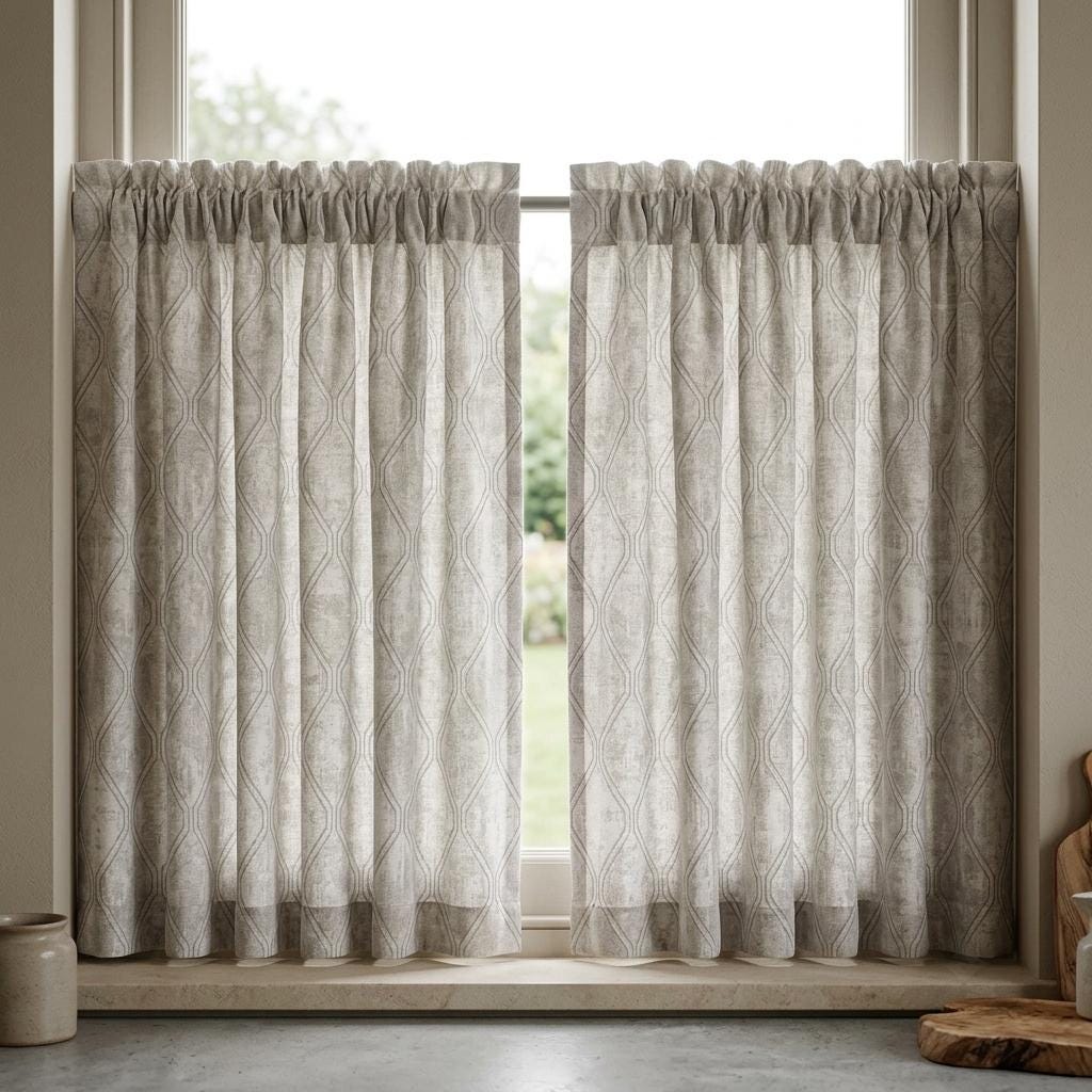 Ivory Greige Pure Linen Jacquard Curtains, Silver Taupe Geometric Trellis Drapes, Custom Extra Long Blackout Panels — image 8