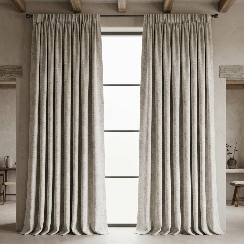 Ivory Greige Pure Linen Jacquard Curtains, Silver Taupe Geometric Trellis Drapes, Custom Extra Long Blackout Panels — image 4