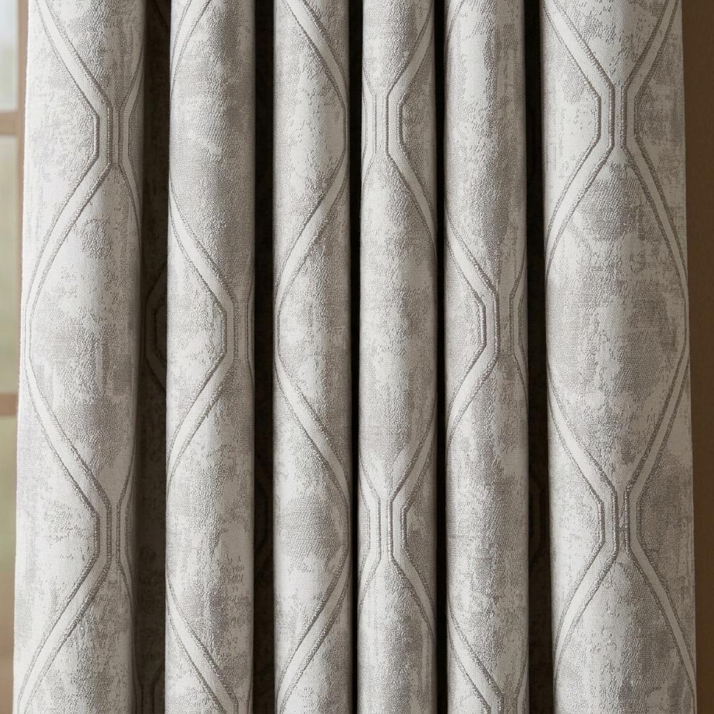 Ivory Greige Pure Linen Jacquard Curtains, Silver Taupe Geometric Trellis Drapes, Custom Extra Long Blackout Panels — image 2