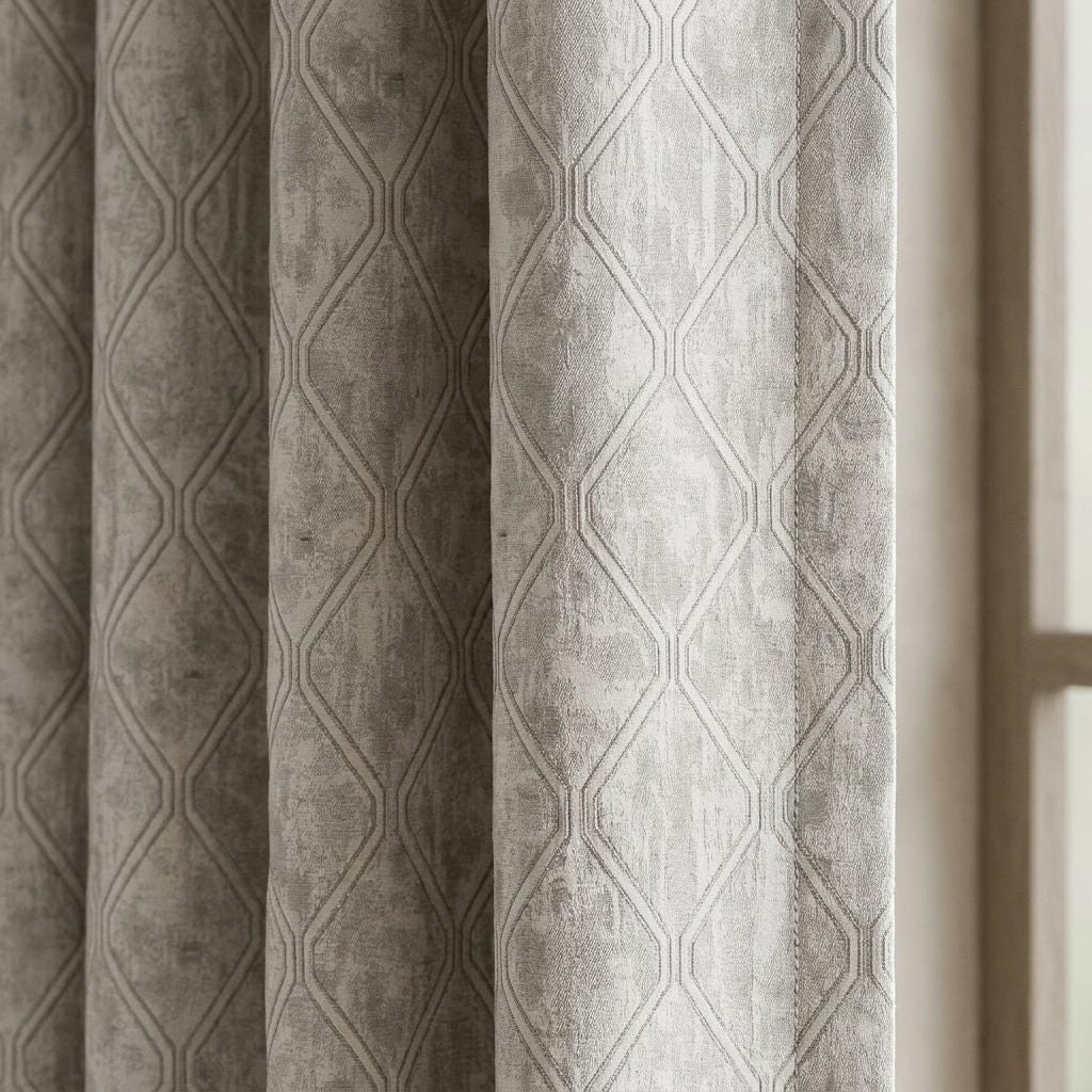 Ivory Greige Pure Linen Jacquard Curtains, Silver Taupe Geometric Trellis Drapes, Custom Extra Long Blackout Panels — image 1