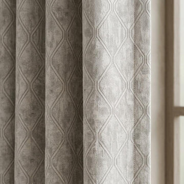 Ivory Greige Pure Linen Jacquard Curtains, Silver Taupe Geometric Trellis Drapes, Custom Extra Long Blackout Panels — image 1