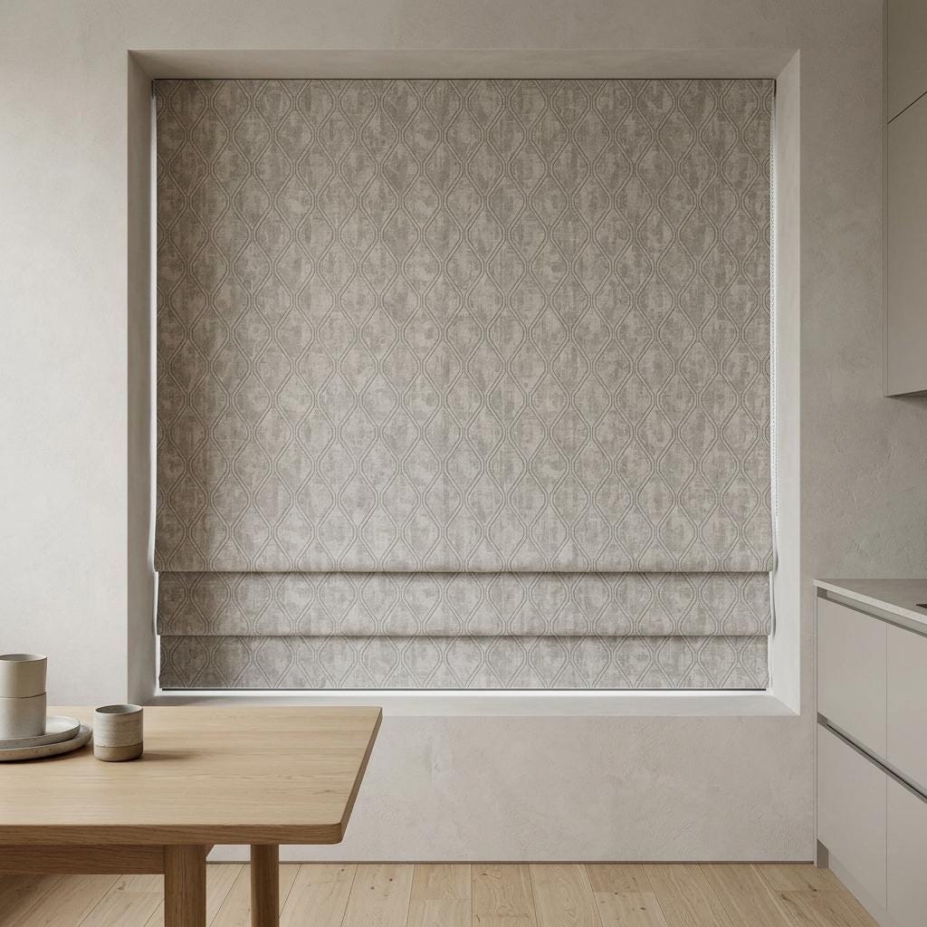 Ivory Greige Pure Linen Roman Shade, Geometric Trellis Jacquard, Custom Blackout or Light Filtering Window Blind — image 7