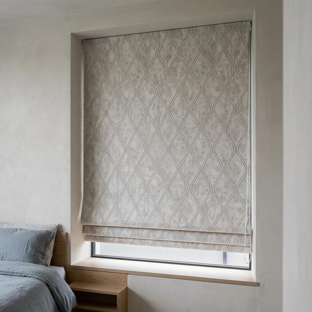 Ivory Greige Pure Linen Roman Shade, Geometric Trellis Jacquard, Custom Blackout or Light Filtering Window Blind — image 4