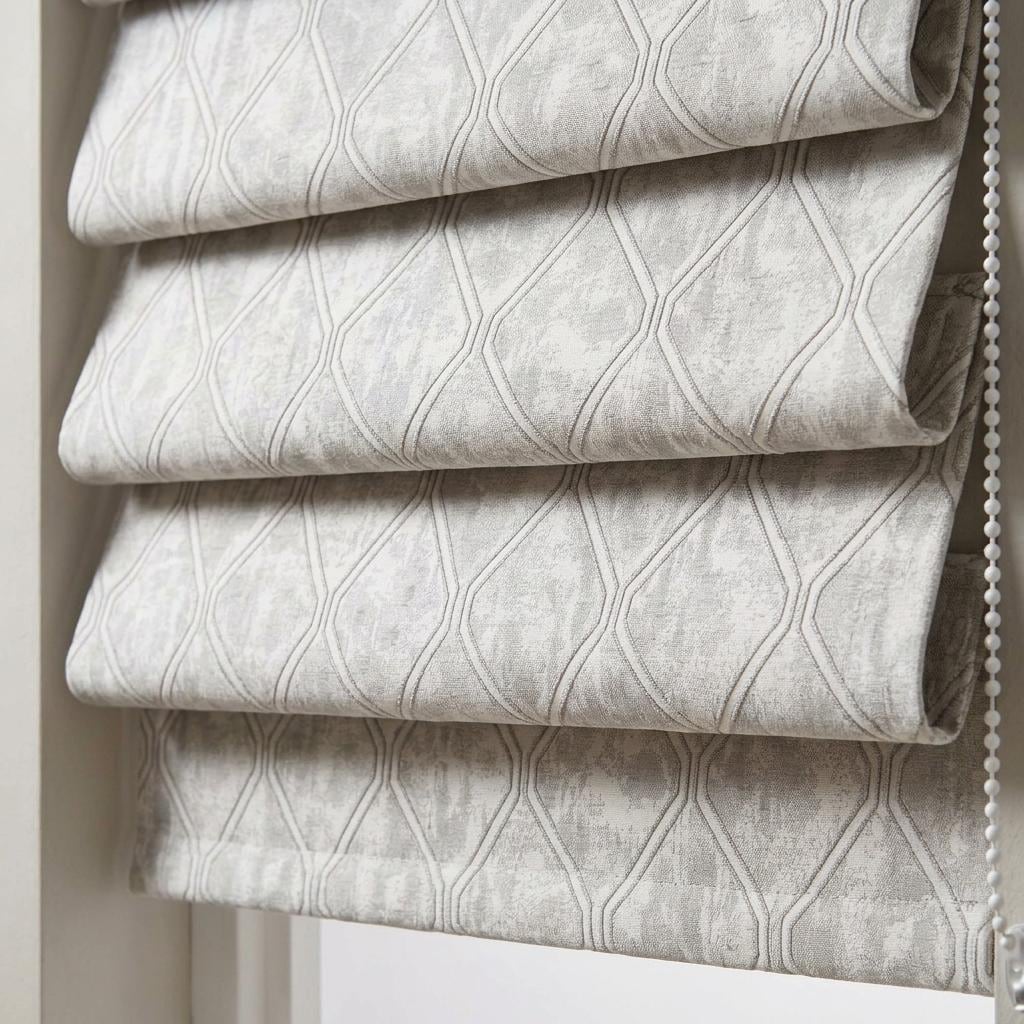 Ivory Greige Pure Linen Roman Shade, Geometric Trellis Jacquard, Custom Blackout or Light Filtering Window Blind — image 8