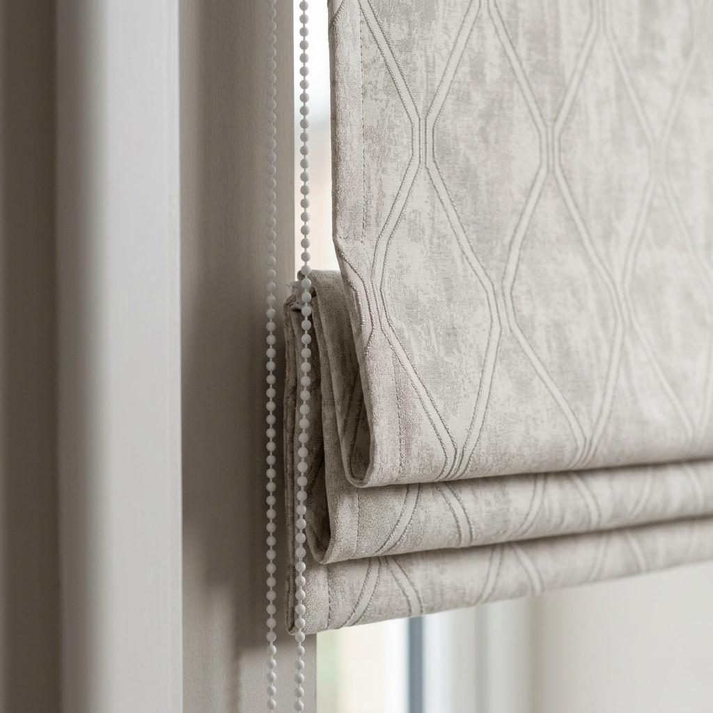 Ivory Greige Pure Linen Roman Shade, Geometric Trellis Jacquard, Custom Blackout or Light Filtering Window Blind — image 5