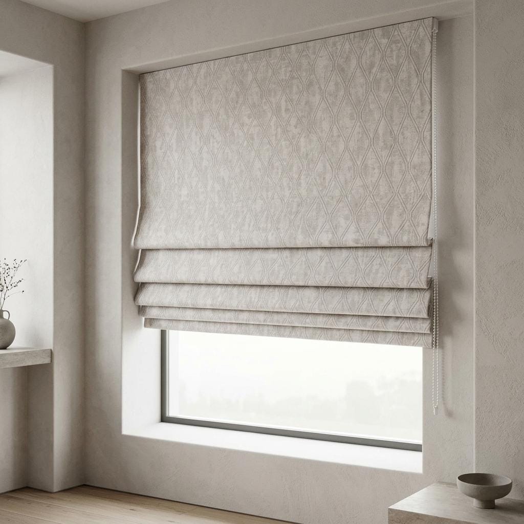 Ivory Greige Pure Linen Roman Shade, Geometric Trellis Jacquard, Custom Blackout or Light Filtering Window Blind — image 6