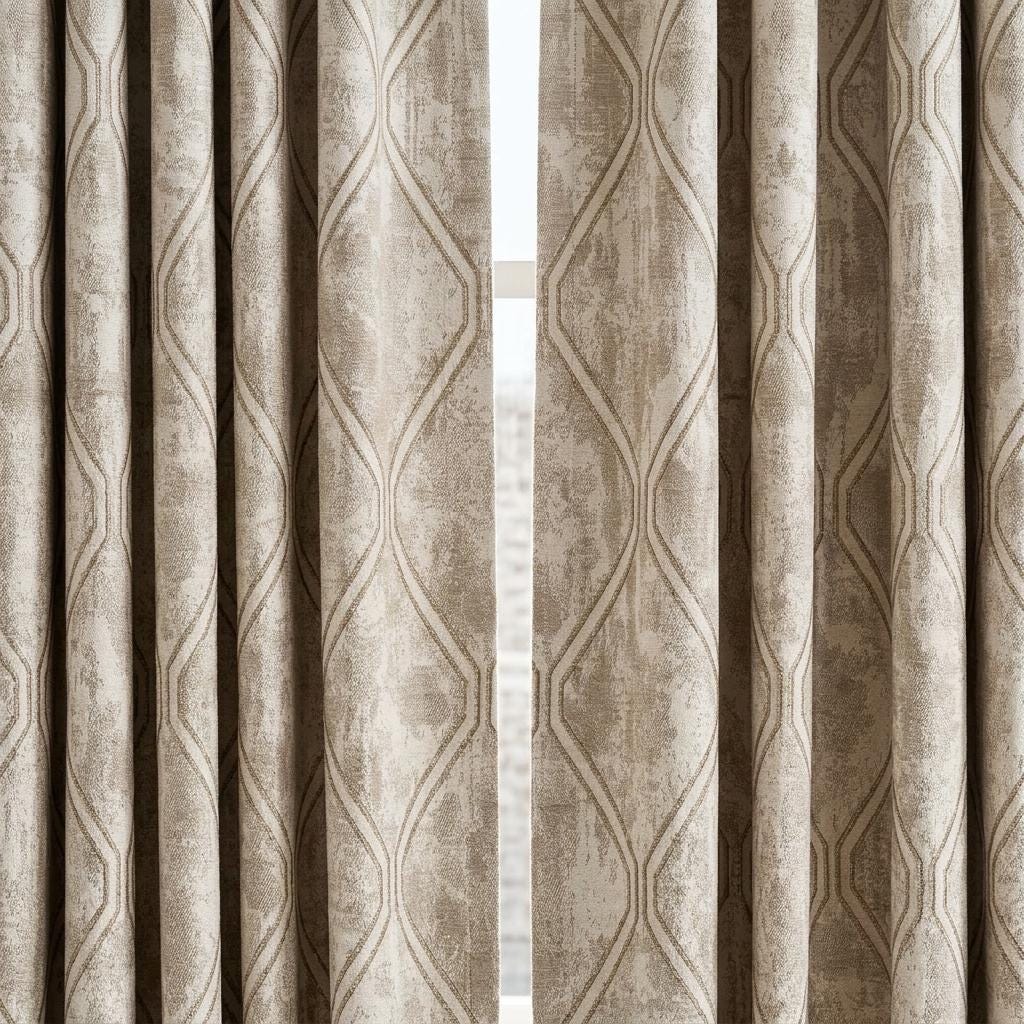 Ivory Beige Pure Linen Jacquard Curtains, Antique Gold Geometric Trellis, Extra Long Blackout Panels — image 3