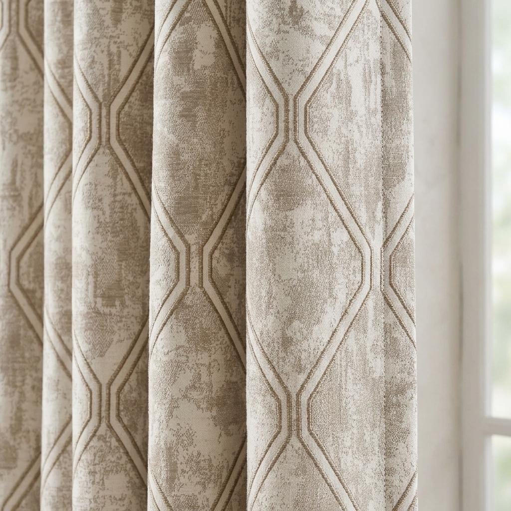 Ivory Beige Pure Linen Jacquard Curtains, Antique Gold Geometric Trellis, Extra Long Blackout Panels — image 1