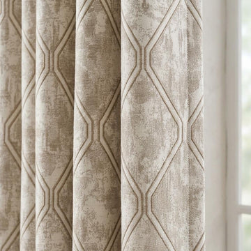 Ivory Beige Pure Linen Jacquard Curtains, Antique Gold Geometric Trellis, Extra Long Blackout Panels — image 1