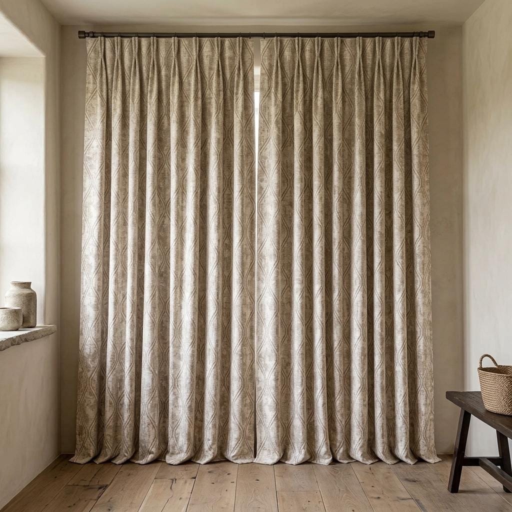 Ivory Beige Pure Linen Jacquard Curtains, Antique Gold Geometric Trellis, Extra Long Blackout Panels — image 7
