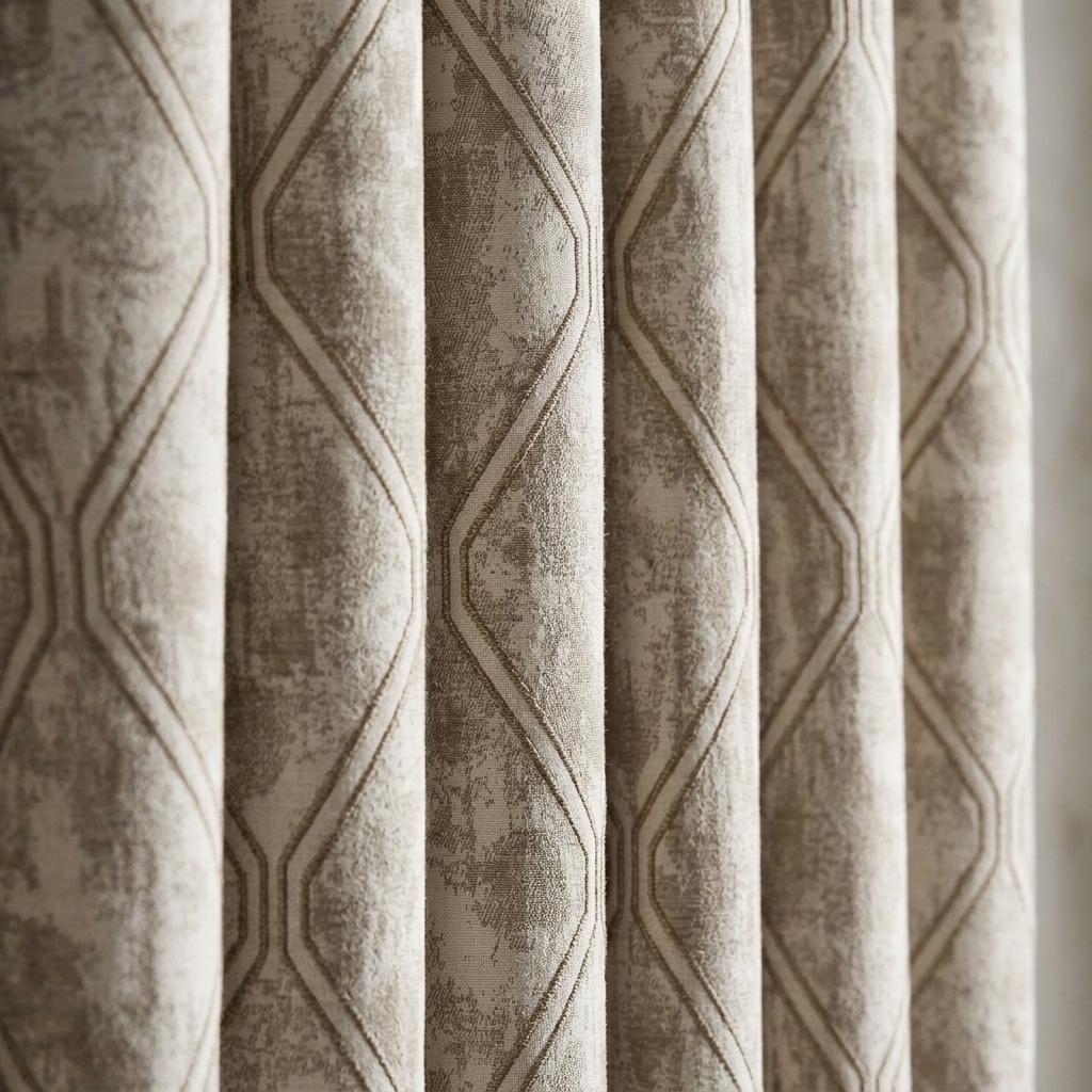 Ivory Beige Pure Linen Jacquard Curtains, Antique Gold Geometric Trellis, Extra Long Blackout Panels — image 9