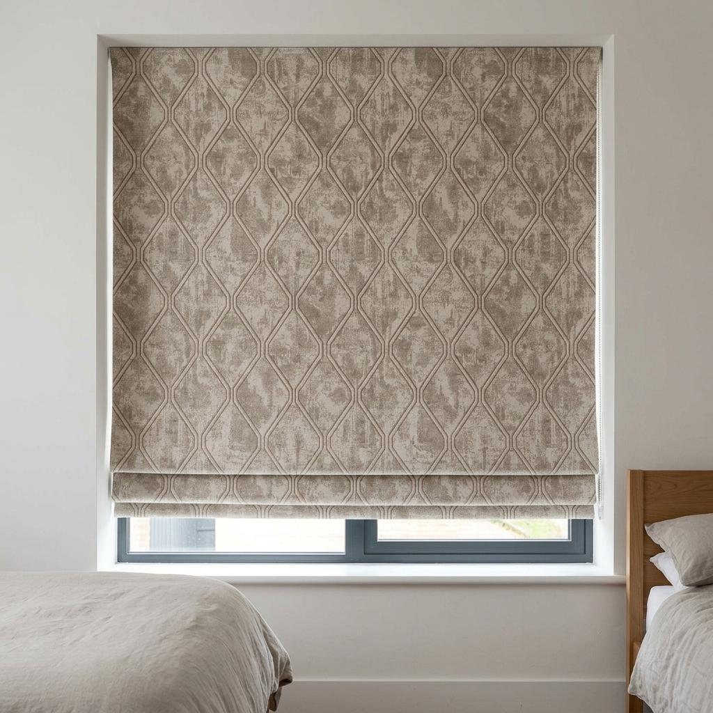 Ivory Beige Linen Roman Shade, Taupe Trellis Jacquard, Custom Blackout or Light Filtering Blind — image 5