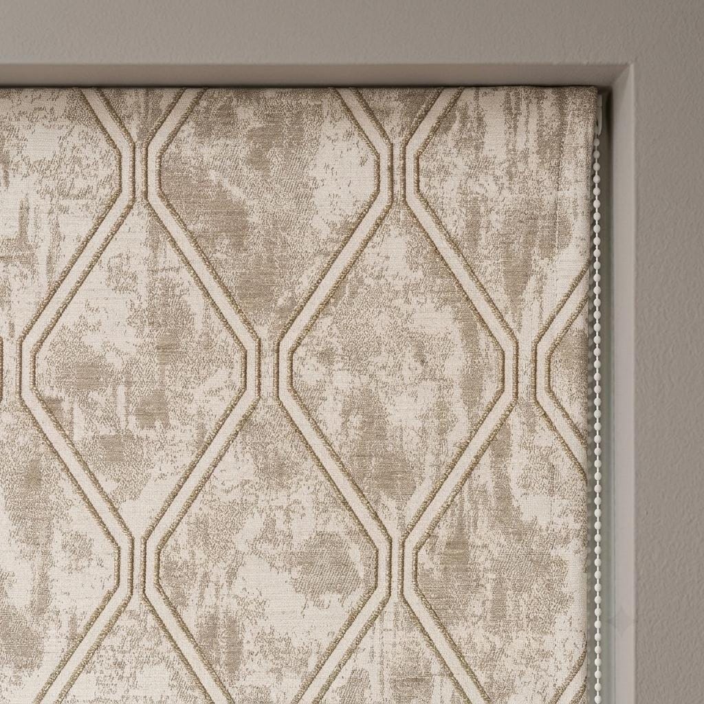 Ivory Beige Linen Roman Shade, Taupe Trellis Jacquard, Custom Blackout or Light Filtering Blind — image 1