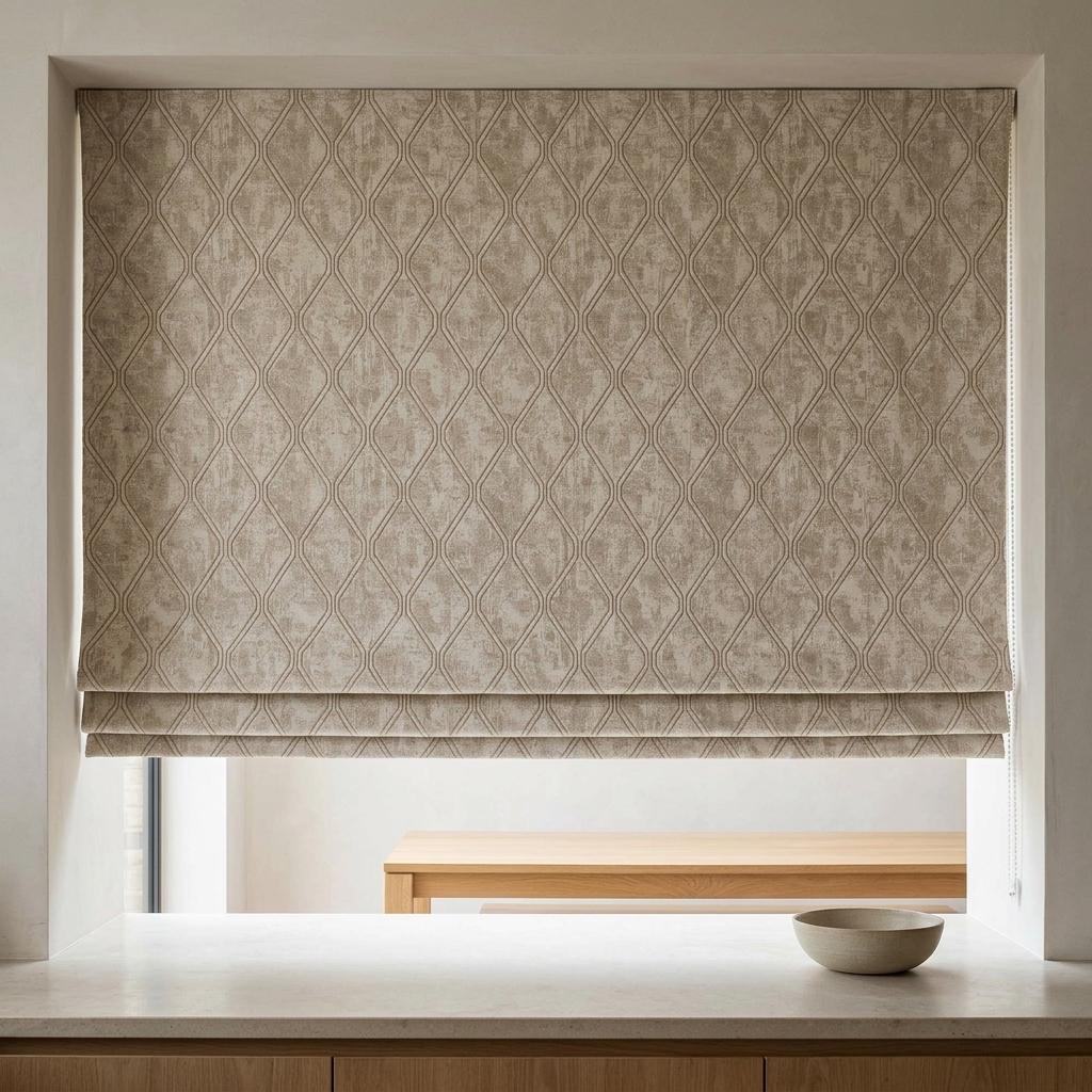 Ivory Beige Linen Roman Shade, Taupe Trellis Jacquard, Custom Blackout or Light Filtering Blind — image 3