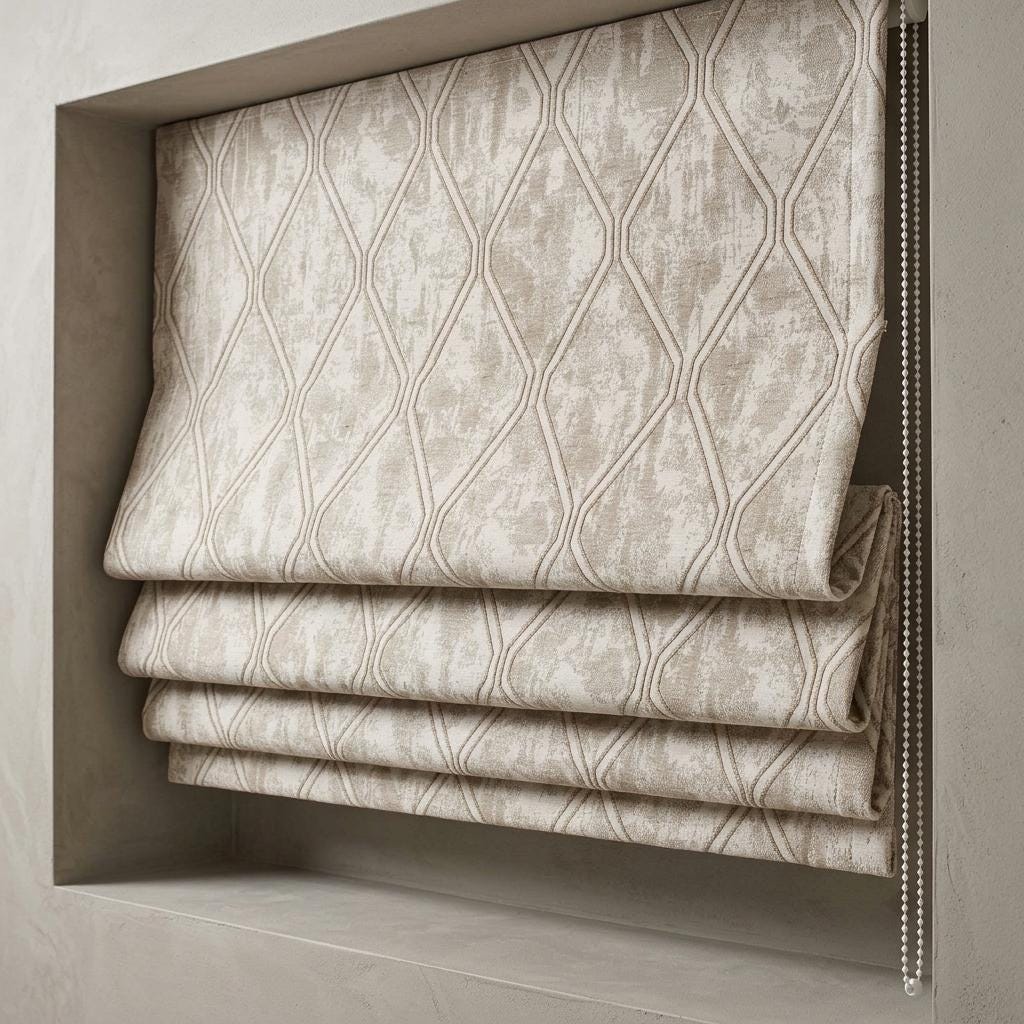 Ivory Beige Linen Roman Shade, Taupe Trellis Jacquard, Custom Blackout or Light Filtering Blind — image 1
