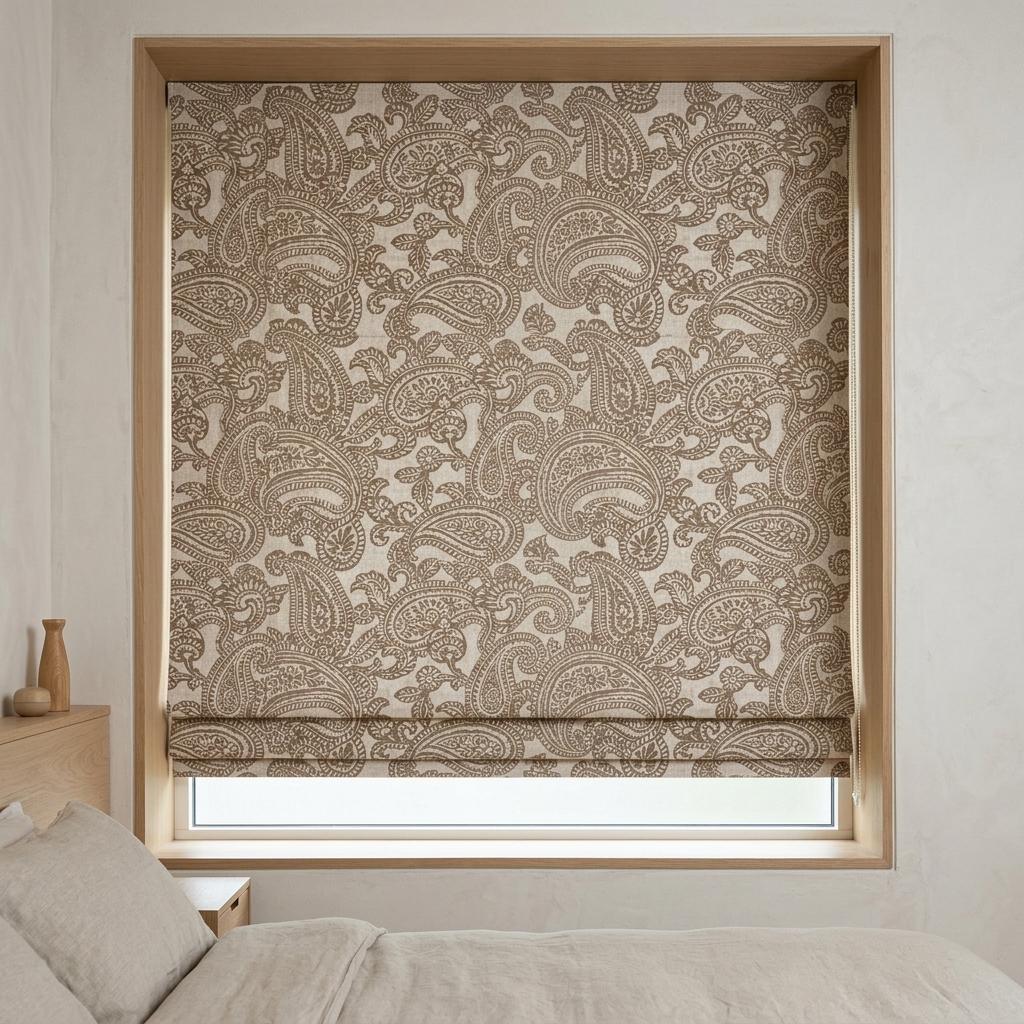 Ivory Taupe Paisley Linen Roman Shade, Botanical Bird Print, Custom Blackout or Light Filtering Blind — image 6
