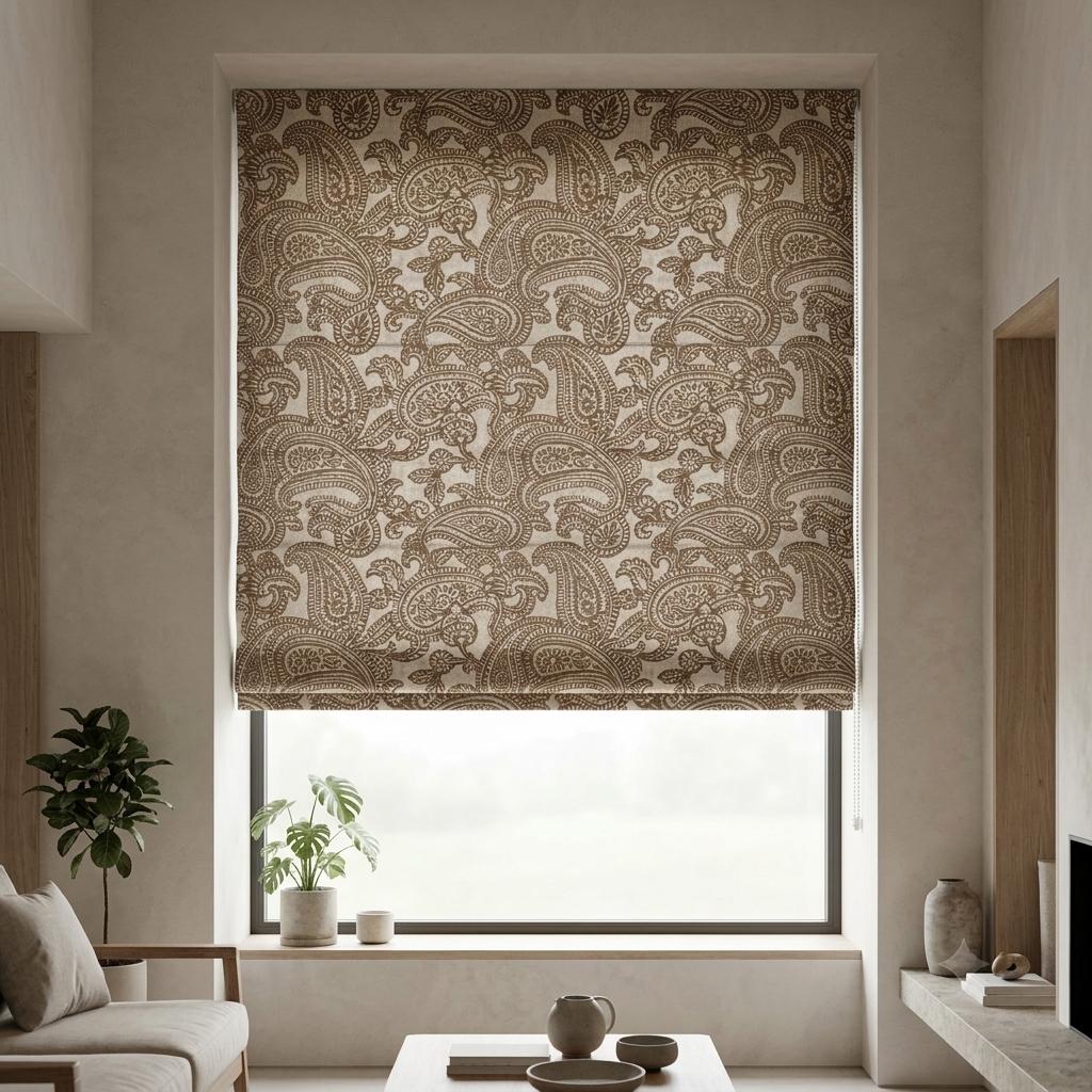 Ivory Taupe Paisley Linen Roman Shade, Botanical Bird Print, Custom Blackout or Light Filtering Blind — image 1