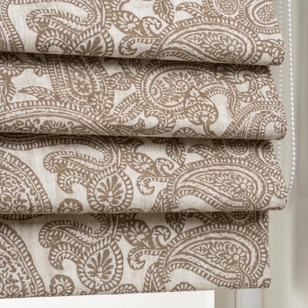 Ivory Taupe Paisley Linen Roman Shade, Botanical Bird Print, Custom Blackout or Light Filtering Blind — image 3