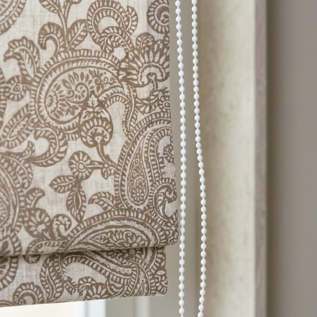 Ivory Taupe Paisley Linen Roman Shade, Botanical Bird Print, Custom Blackout or Light Filtering Blind — image 7
