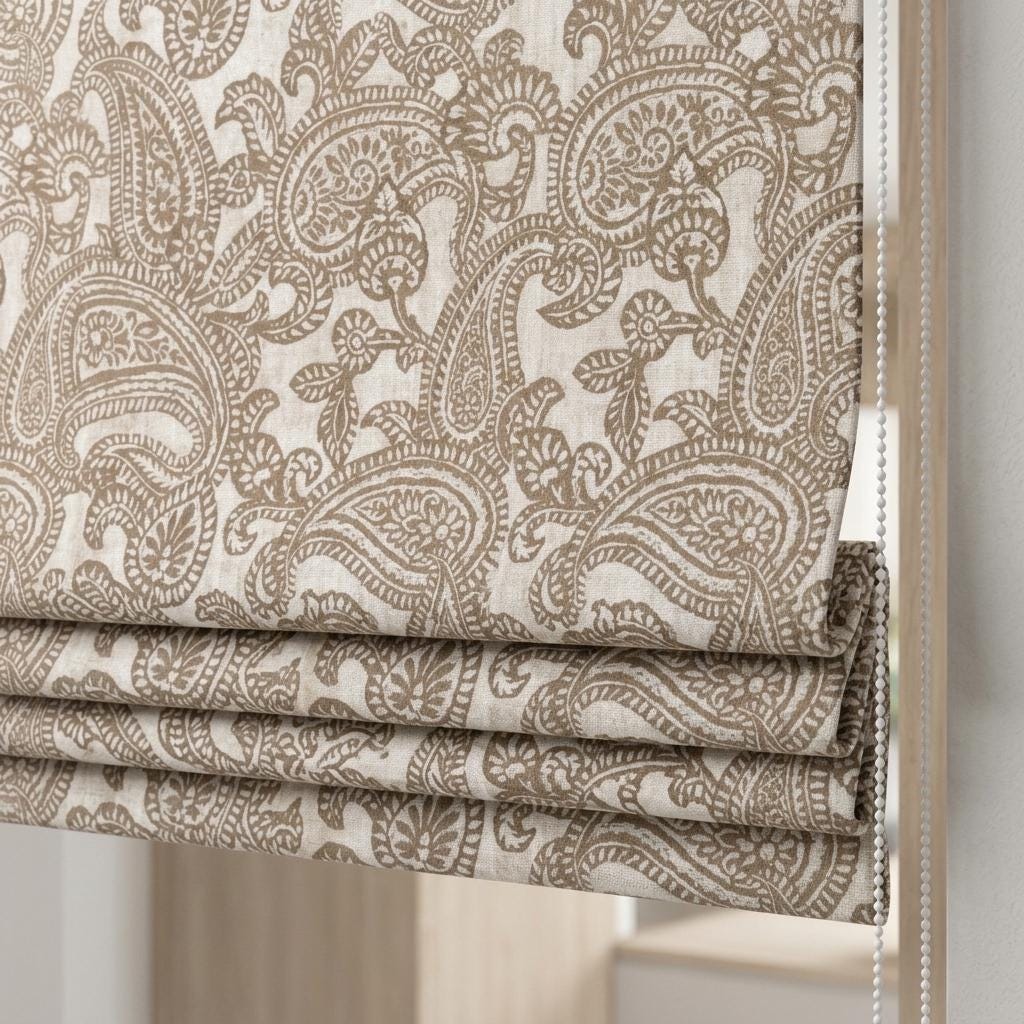 Ivory Taupe Paisley Linen Roman Shade, Botanical Bird Print, Custom Blackout or Light Filtering Blind — image 1
