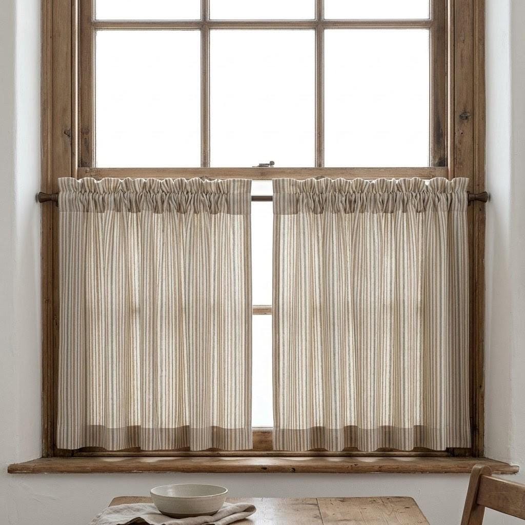 Ivory Sage Green Beige Pure Linen Curtains, Printed Ticking Stripe Farmhouse Drapes, Custom Blackout or Light Filtering Panels — image 6