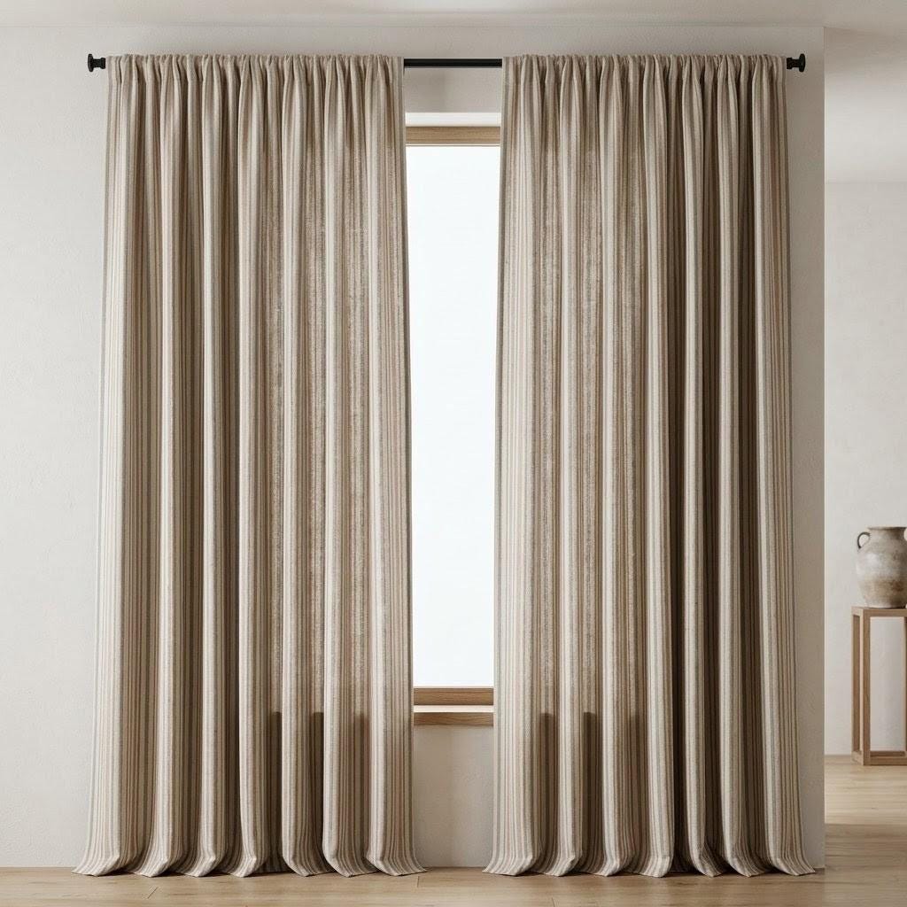 Ivory Sage Green Beige Pure Linen Curtains, Printed Ticking Stripe Farmhouse Drapes, Custom Blackout or Light Filtering Panels — image 7