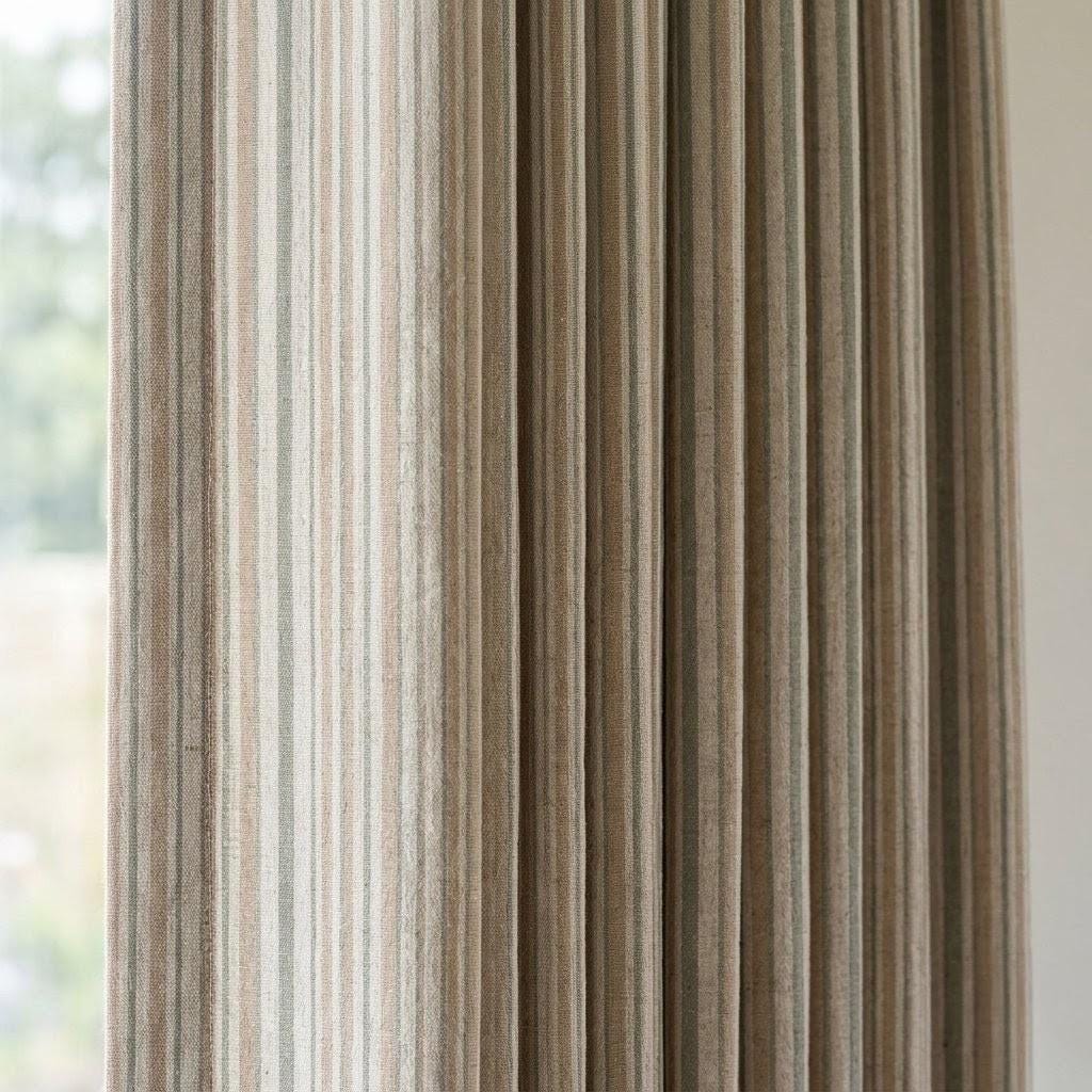 Ivory Sage Green Beige Pure Linen Curtains, Printed Ticking Stripe Farmhouse Drapes, Custom Blackout or Light Filtering Panels — image 1