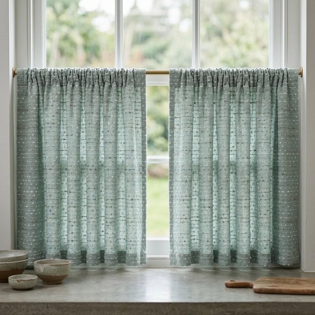 Seafoam Blue Pure Linen Curtains, Ivory Taupe Dotted Stripe Embroidered Drapes, Custom Blackout or Light Filtering Panels — image 8