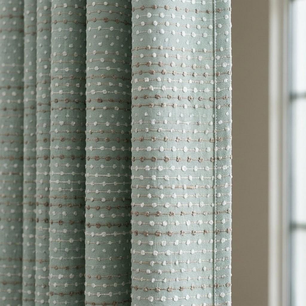 Seafoam Blue Pure Linen Curtains, Ivory Taupe Dotted Stripe Embroidered Drapes, Custom Blackout or Light Filtering Panels — image 1