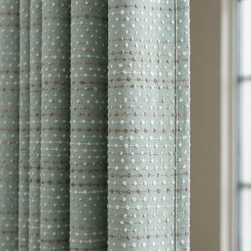 Seafoam Blue Pure Linen Curtains, Ivory Taupe Dotted Stripe Embroidered Drapes, Custom Blackout or Light Filtering Panels — image 1