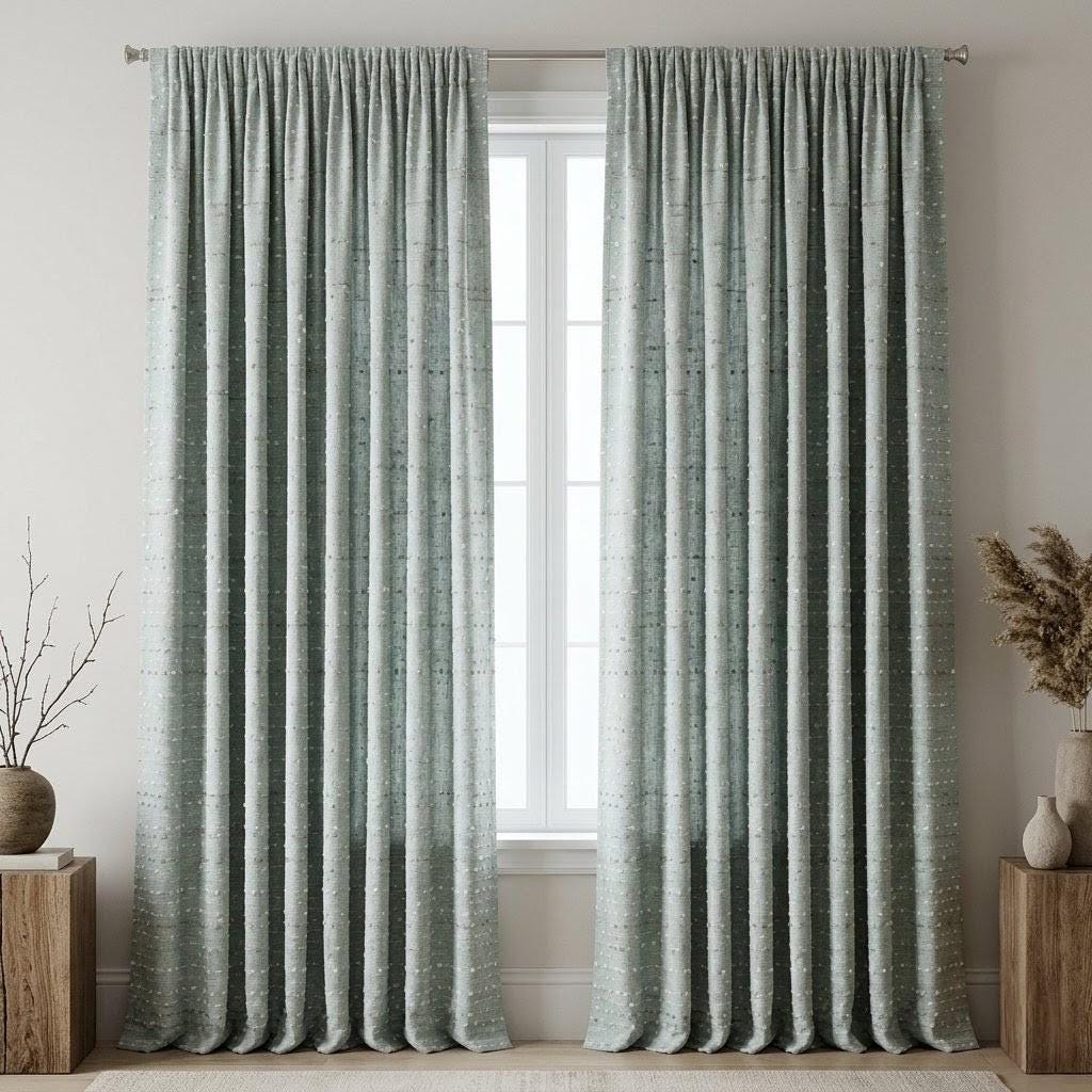 Seafoam Blue Pure Linen Curtains, Ivory Taupe Dotted Stripe Embroidered Drapes, Custom Blackout or Light Filtering Panels — image 5