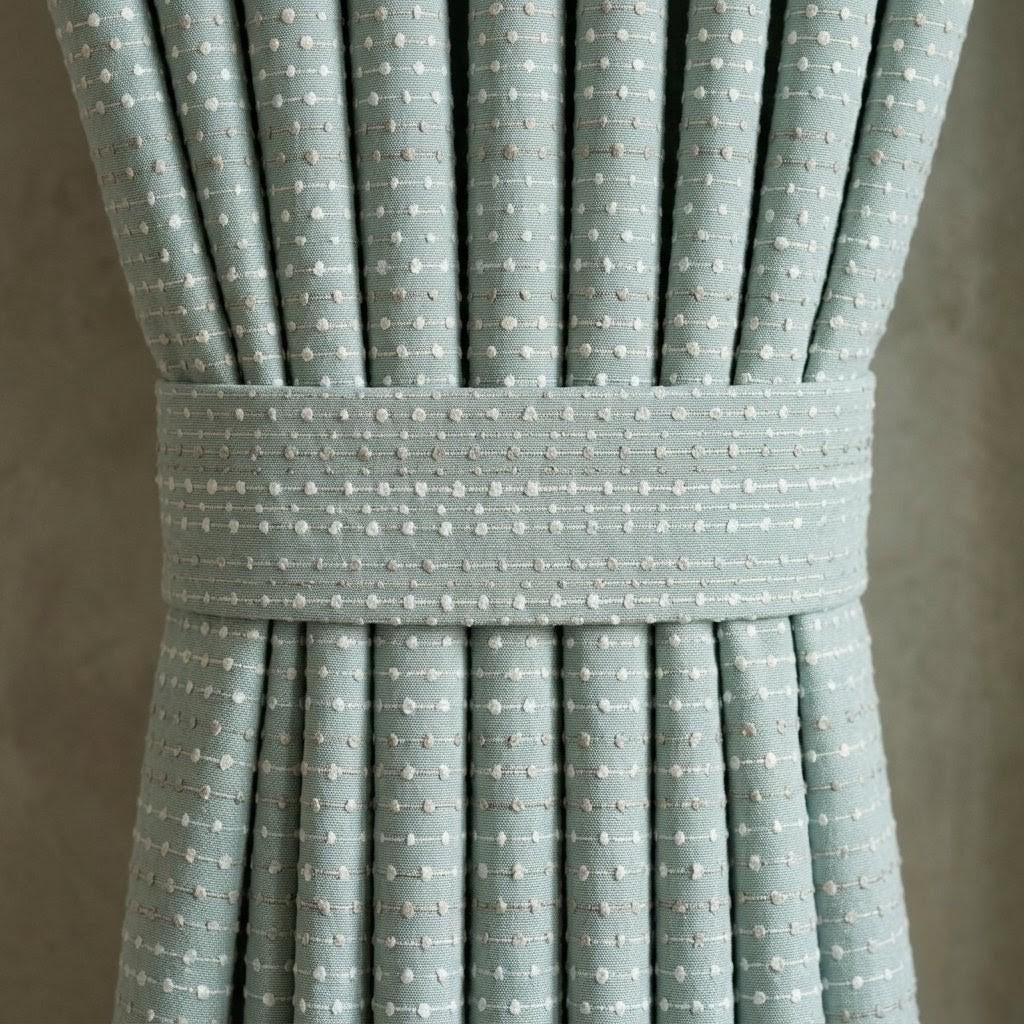 Seafoam Blue Pure Linen Curtains, Ivory Taupe Dotted Stripe Embroidered Drapes, Custom Blackout or Light Filtering Panels — image 1