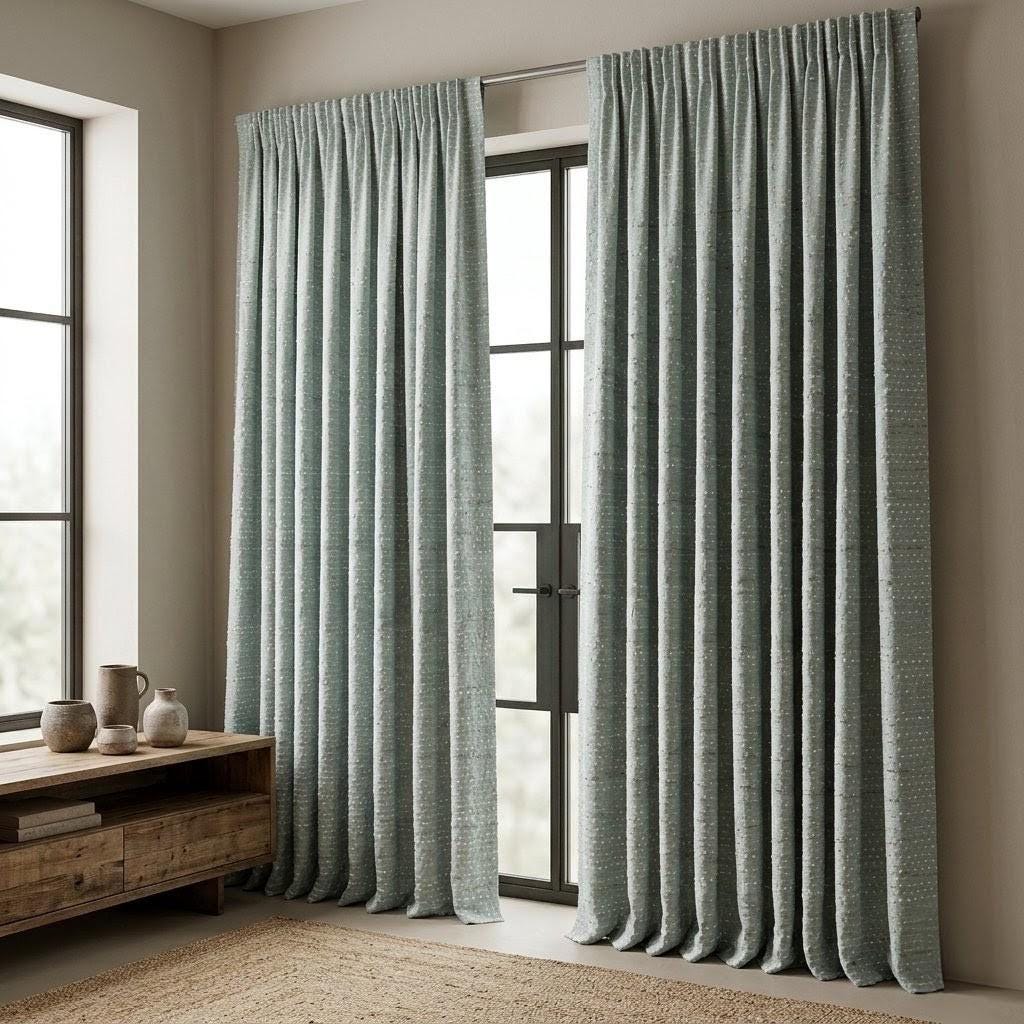 Seafoam Blue Pure Linen Curtains, Ivory Taupe Dotted Stripe Embroidered Drapes, Custom Blackout or Light Filtering Panels — image 7
